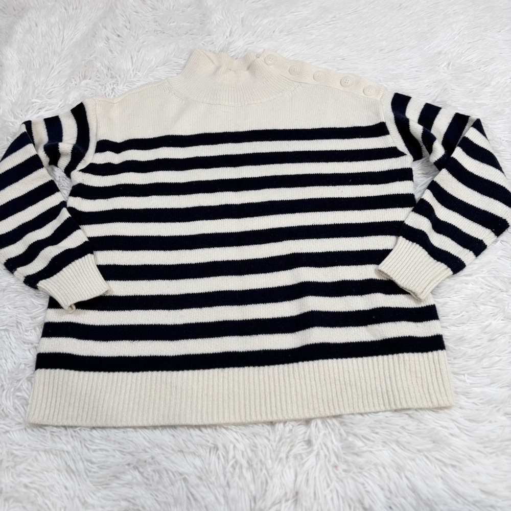 Loft Striped Button-Shoulder high neck Sweater long sleeve navy cream